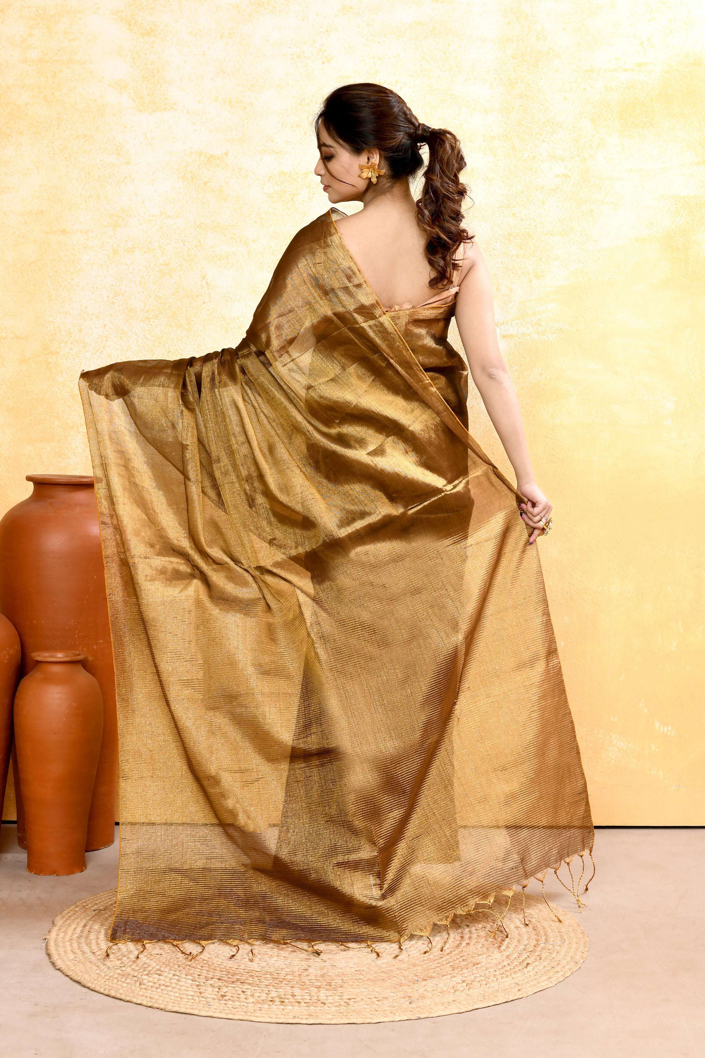 Piyari Fashion Women's Gold Dual Tone Organic Tissue Saree With Blouse Piece - Distacart