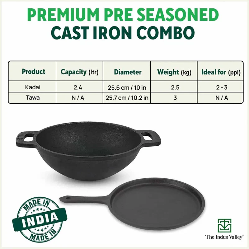 The Indus Valley CASTrong Cast Iron Cookware Set: Tawa+ Kadai (Wok model), Kitchen Set for Home, Pre-seasoned, 100% Pure, Toxin-free, Tadka Pan