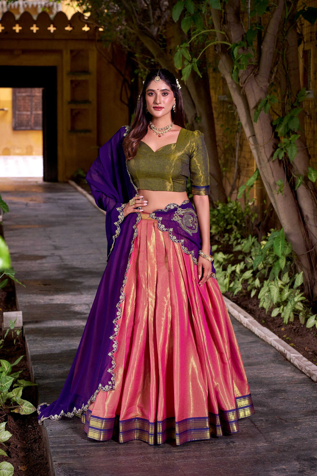 Evanik Coral South-style Kanchipuram silk lehenga With Unstitched Blouse & Dupatta