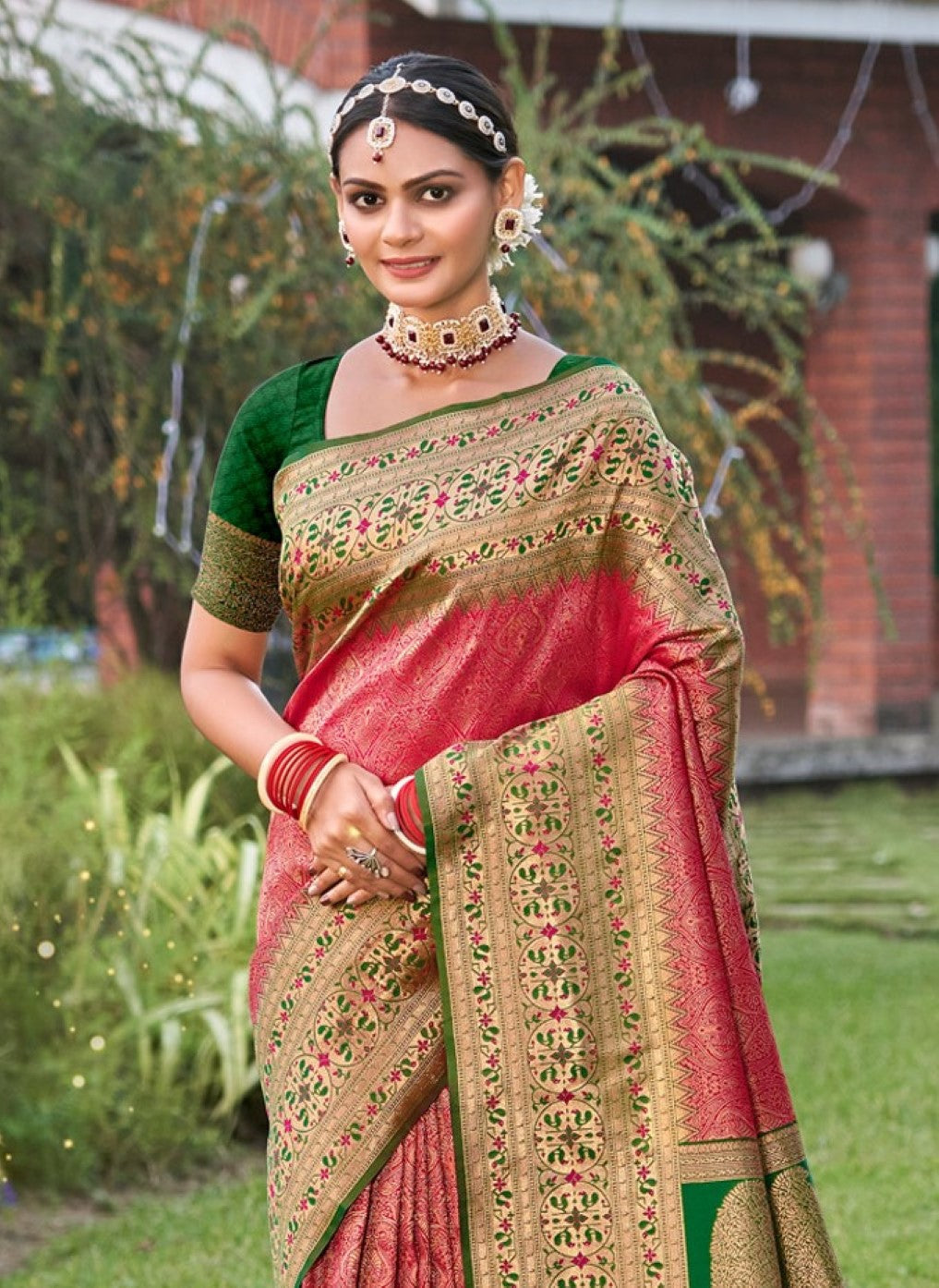 Anaita Coral Banarasi Saree With Blouse Piece - Distacart