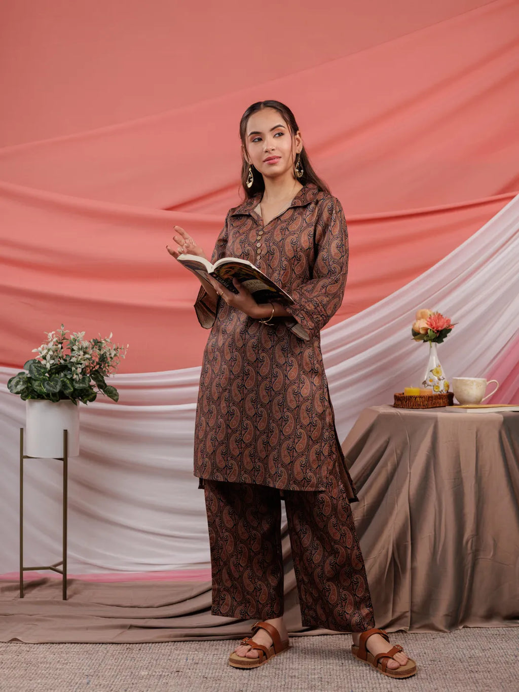 Yufta Cotton Black Digital Printed Workwear Co-Ord Set With Pintuck Detailing On Sleeves