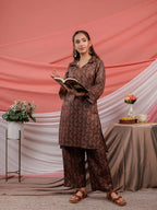 Yufta Cotton Black Digital Printed Workwear Co-Ord Set With Pintuck Detailing On Sleeves