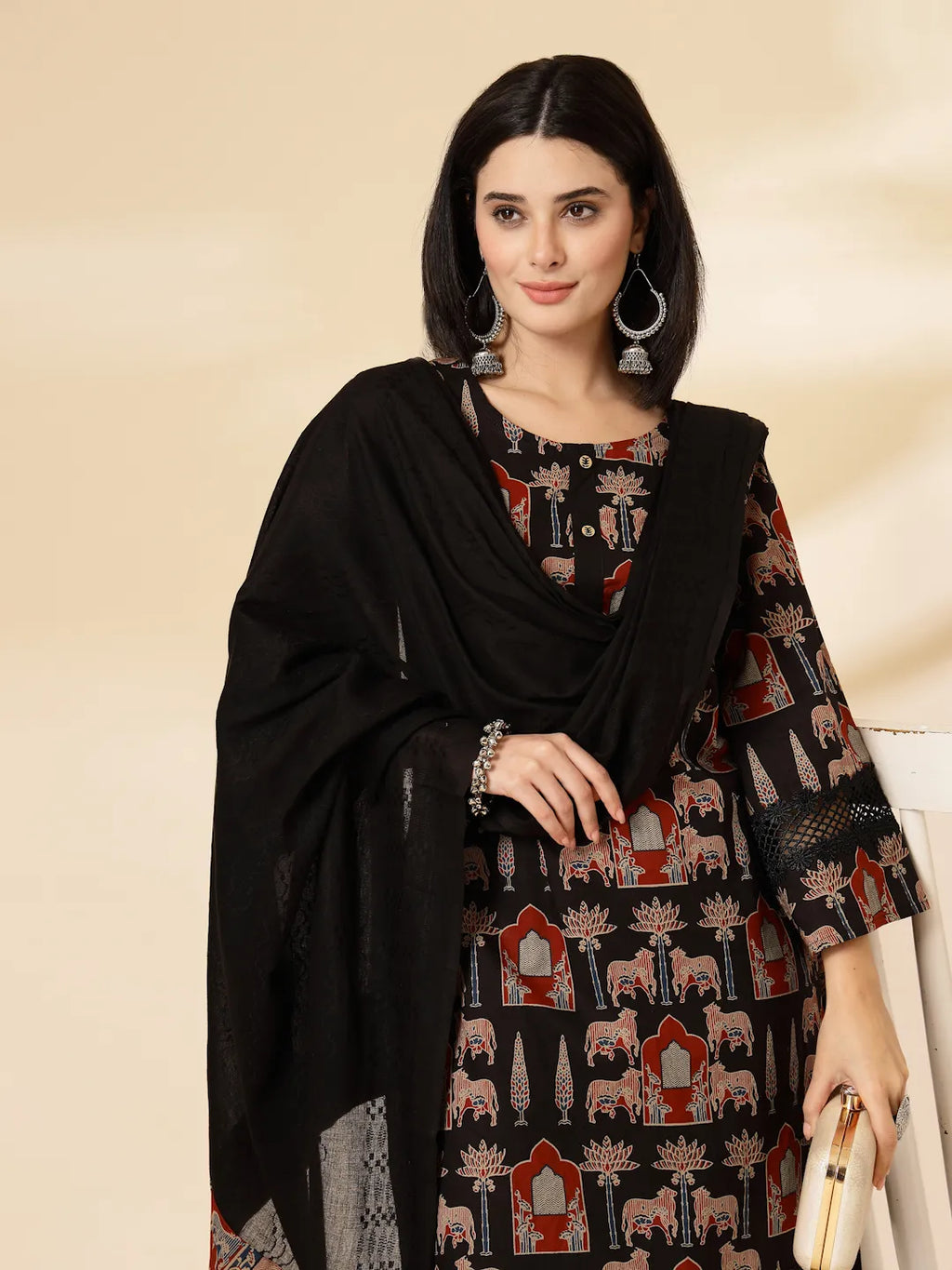 Yufta Cotton Black Pakistani Kurta Dupatta Set - Distacart