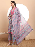 Yufta Cotton Blue Kurta Dupatta Set With Lace Detailing