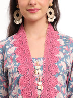 Yufta Cotton Blue Kurta Dupatta Set With Lace Detailing