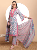 Yufta Cotton Blue Kurta Dupatta Set With Lace Detailing