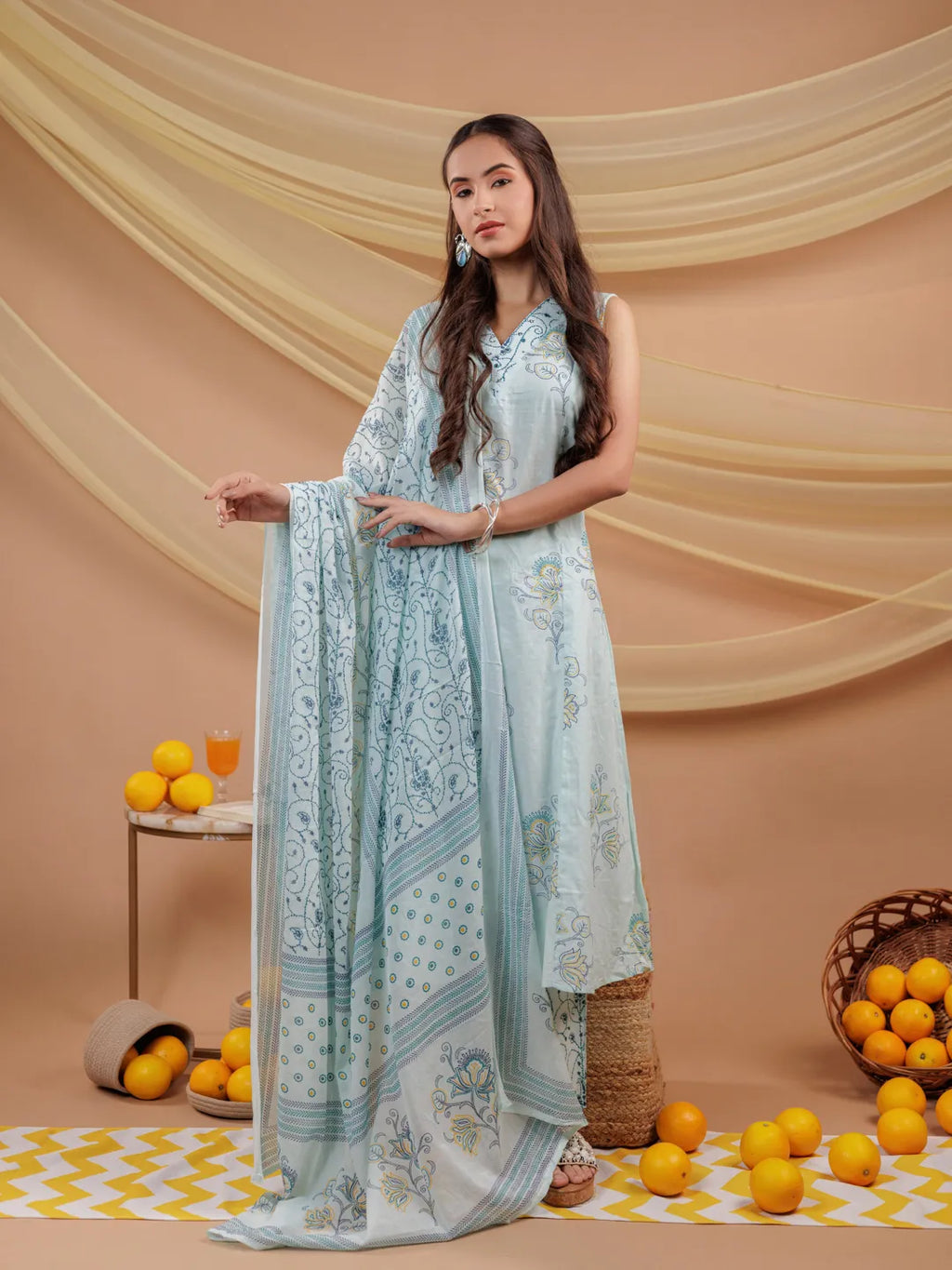 Yufta Cotton Blue Sleeveless Kurta Dupatta Set