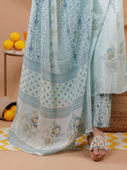 Yufta Cotton Blue Sleeveless Kurta Dupatta Set