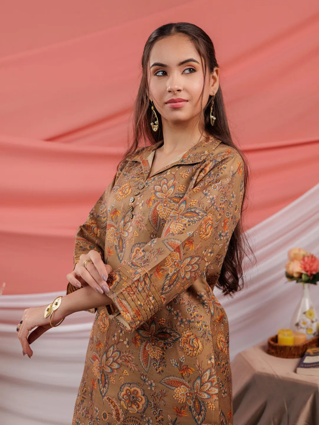 Yufta Cotton Brown Digital Printed Work Wear Co-Ord Set With Pintuck Detailing On Sleeves