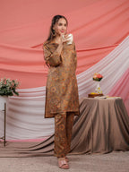 Yufta Cotton Brown Digital Printed Work Wear Co-Ord Set With Pintuck Detailing On Sleeves