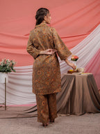 Yufta Cotton Brown Digital Printed Work Wear Co-Ord Set With Pintuck Detailing On Sleeves