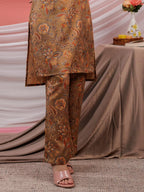Yufta Cotton Brown Digital Printed Work Wear Co-Ord Set With Pintuck Detailing On Sleeves
