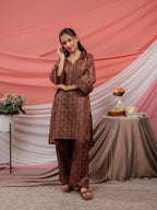 Yufta Cotton Brown Digital Printed Workwear Co-Ord Set With Pintuck Detailing On Flared Sleeves