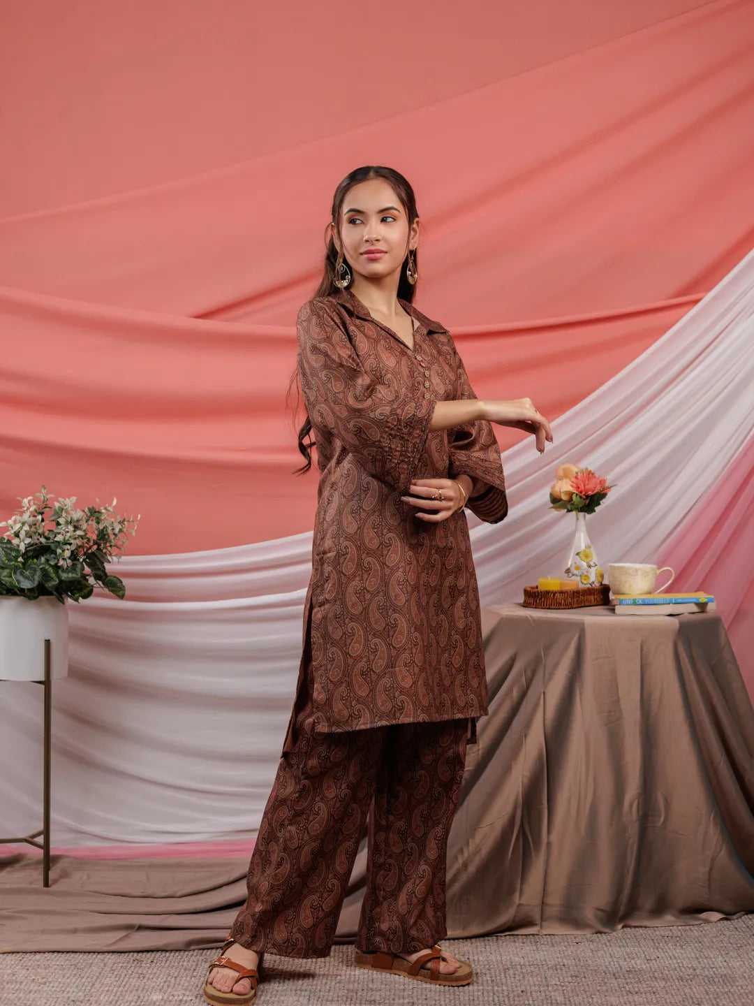 Yufta Cotton Brown Digital Printed Workwear Co-Ord Set With Pintuck Detailing On Flared Sleeves