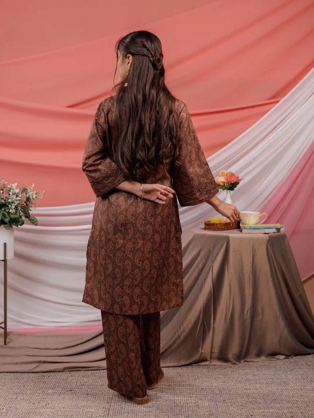 Yufta Cotton Brown Digital Printed Workwear Co-Ord Set With Pintuck Detailing On Flared Sleeves