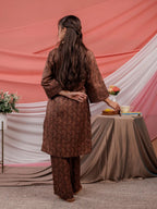 Yufta Cotton Brown Digital Printed Workwear Co-Ord Set With Pintuck Detailing On Flared Sleeves