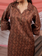 Yufta Cotton Brown Digital Printed Workwear Co-Ord Set With Pintuck Detailing On Flared Sleeves