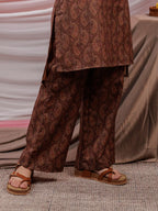Yufta Cotton Brown Digital Printed Workwear Co-Ord Set With Pintuck Detailing On Flared Sleeves