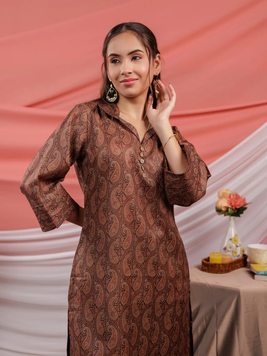 Yufta Cotton Brown Digital Printed Workwear Co-Ord Set With Pintuck Detailing On Flared Sleeves
