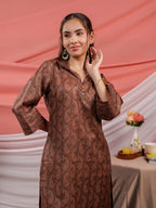 Yufta Cotton Brown Digital Printed Workwear Co-Ord Set With Pintuck Detailing On Flared Sleeves