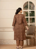 Yufta Cotton Brown Kantha_Work Plus Size Kurta Dupatta Pant Set - Distacart
