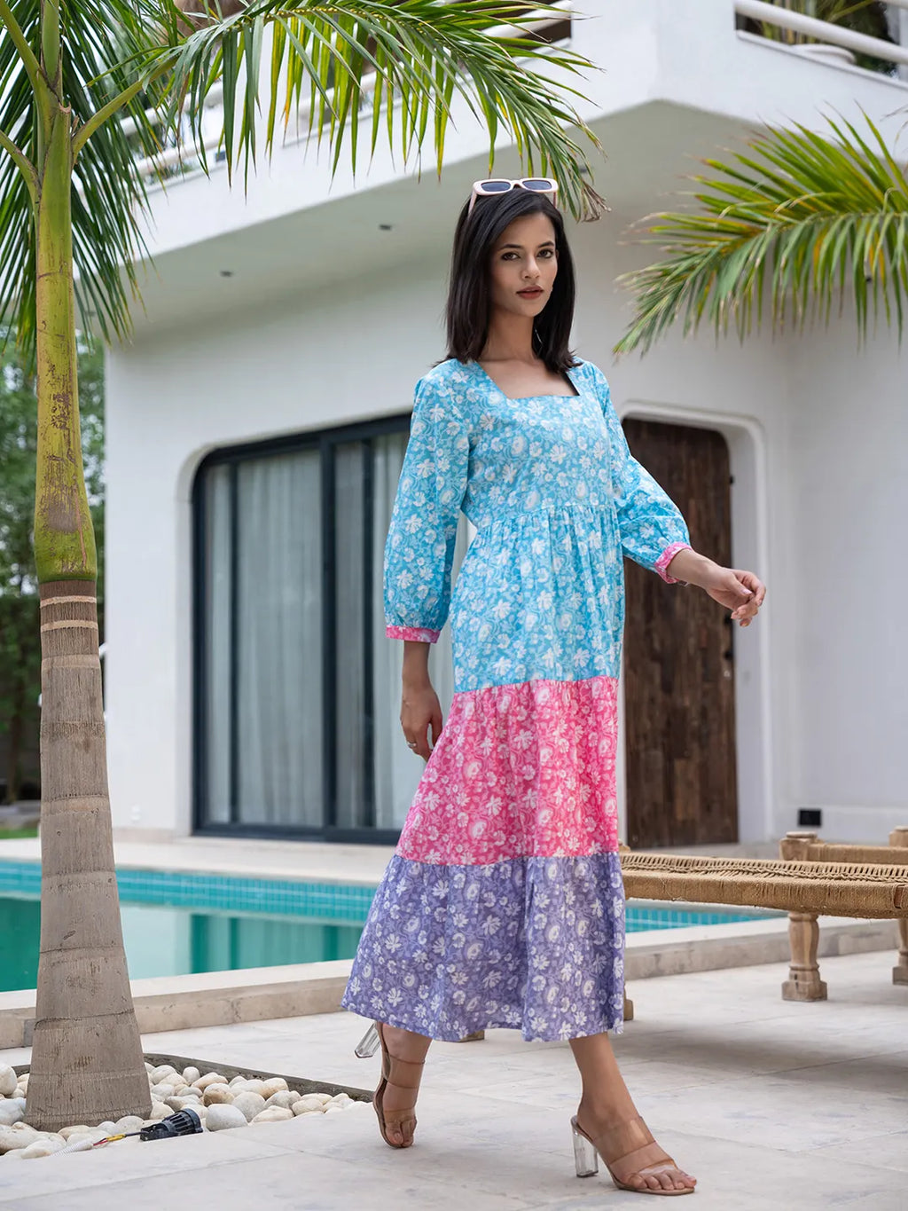 Yufta Blue Cotton Colour Blocking Tiered Dress - Distacart