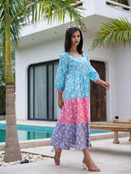 Yufta Blue Cotton Colour Blocking Tiered Dress - Distacart
