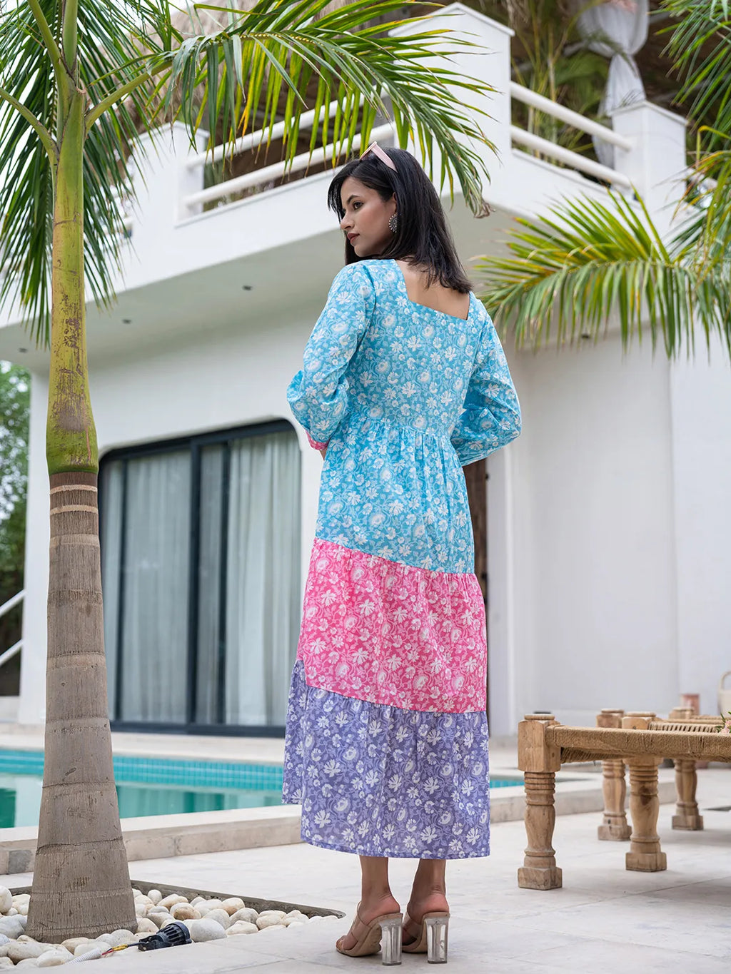 Yufta Blue Cotton Colour Blocking Tiered Dress - Distacart