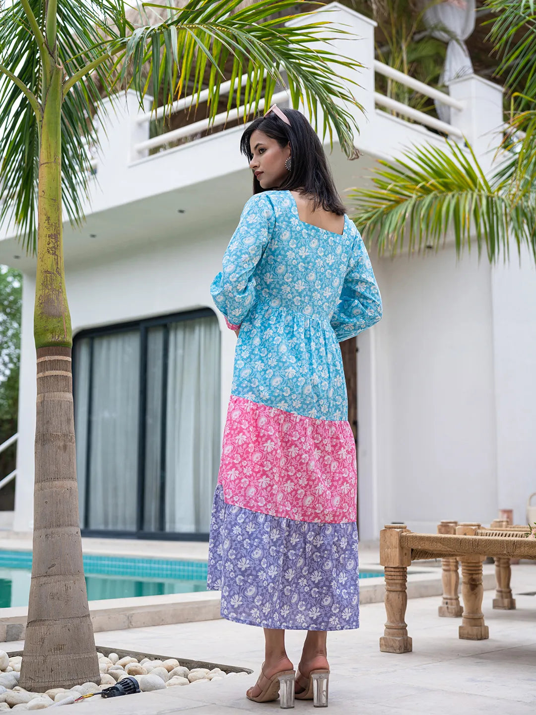Yufta Blue Cotton Colour Blocking Tiered Dress - Distacart