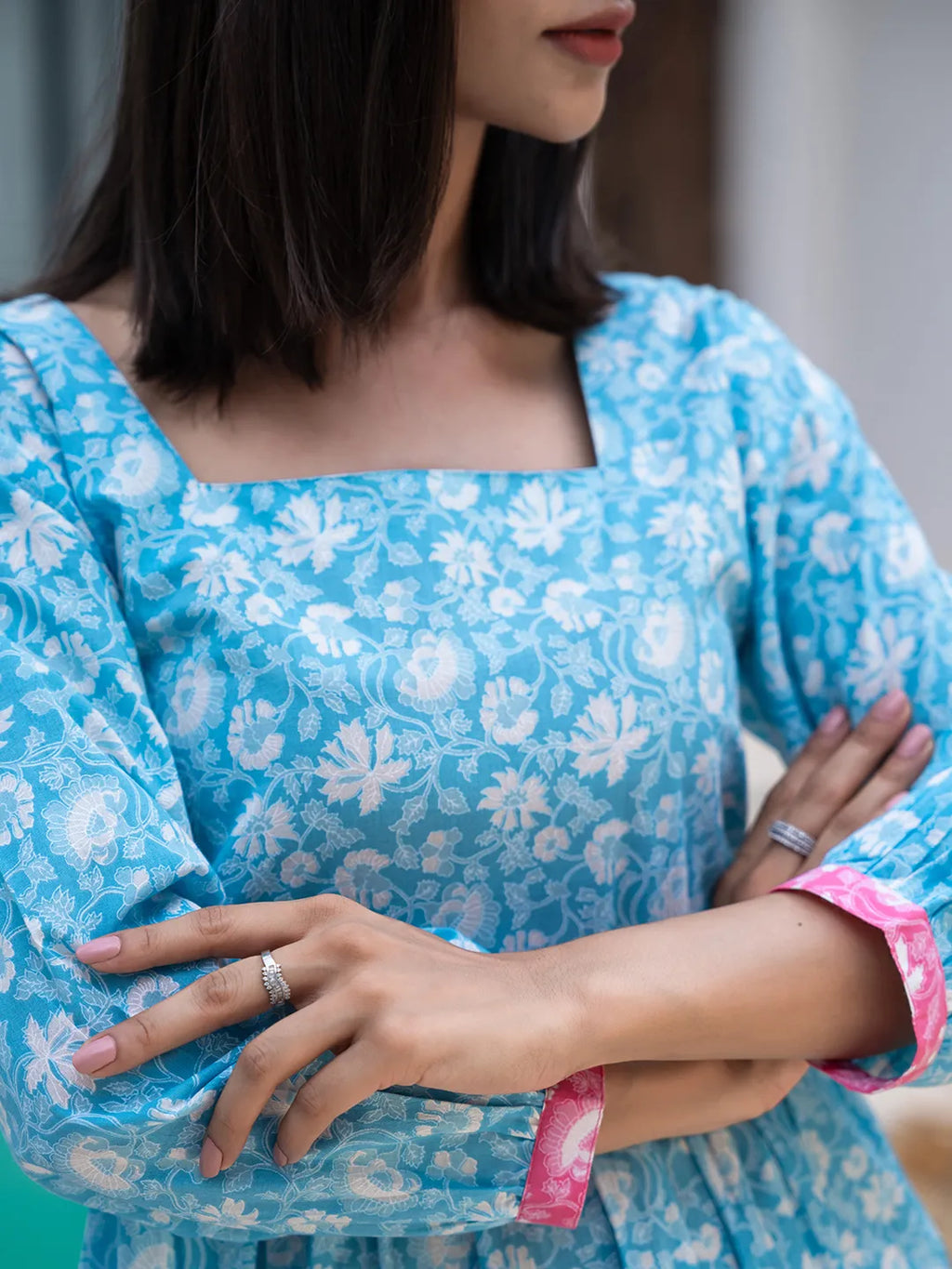 Yufta Blue Cotton Colour Blocking Tiered Dress - Distacart