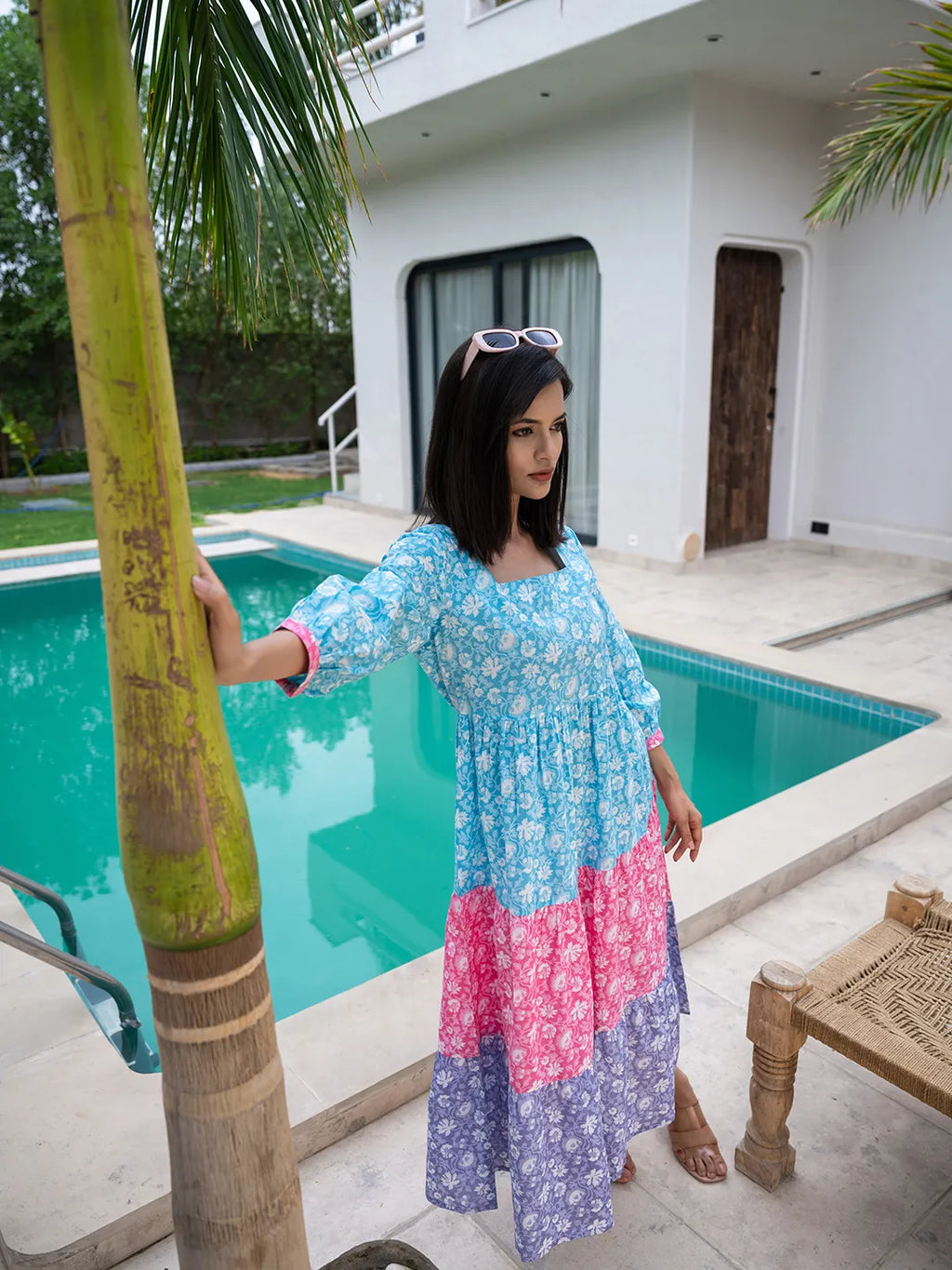 Yufta Blue Cotton Colour Blocking Tiered Dress - Distacart