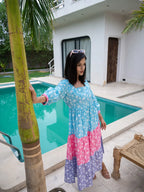 Yufta Blue Cotton Colour Blocking Tiered Dress - Distacart