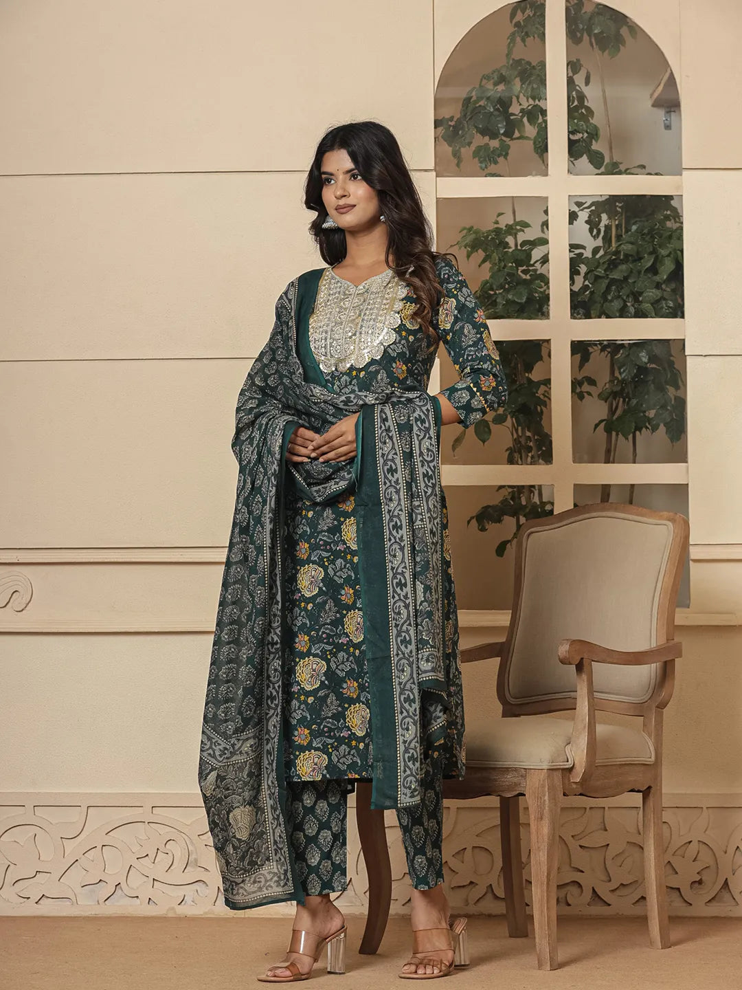 Yufta Cotton Green Embroidered Festive Wear Kurta Dupatta Set