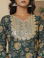 Yufta Cotton Green Embroidered Festive Wear Kurta Dupatta Set