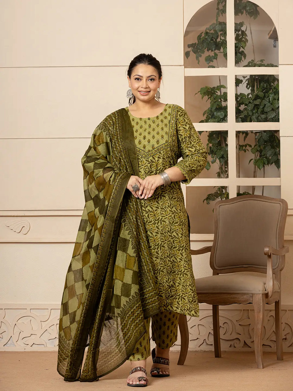 Yufta Cotton Green Kantha_Work Plus Size Kurta Dupatta Pant Set
