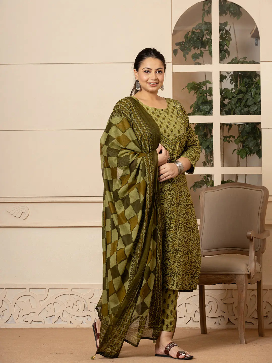 Yufta Cotton Green Kantha_Work Plus Size Kurta Dupatta Pant Set