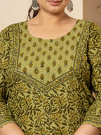 Yufta Cotton Green Kantha_Work Plus Size Kurta Dupatta Pant Set