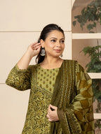 Yufta Cotton Green Kantha_Work Plus Size Kurta Dupatta Pant Set