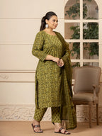 Yufta Cotton Green Kantha_Work Plus Size Kurta Dupatta Pant Set