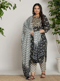 Yufta Cotton Black Printed Plus Size Kurta Dupatta Set