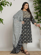 Yufta Cotton Black Printed Plus Size Kurta Dupatta Set