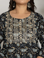 Yufta Cotton Black Printed Plus Size Kurta Dupatta Set