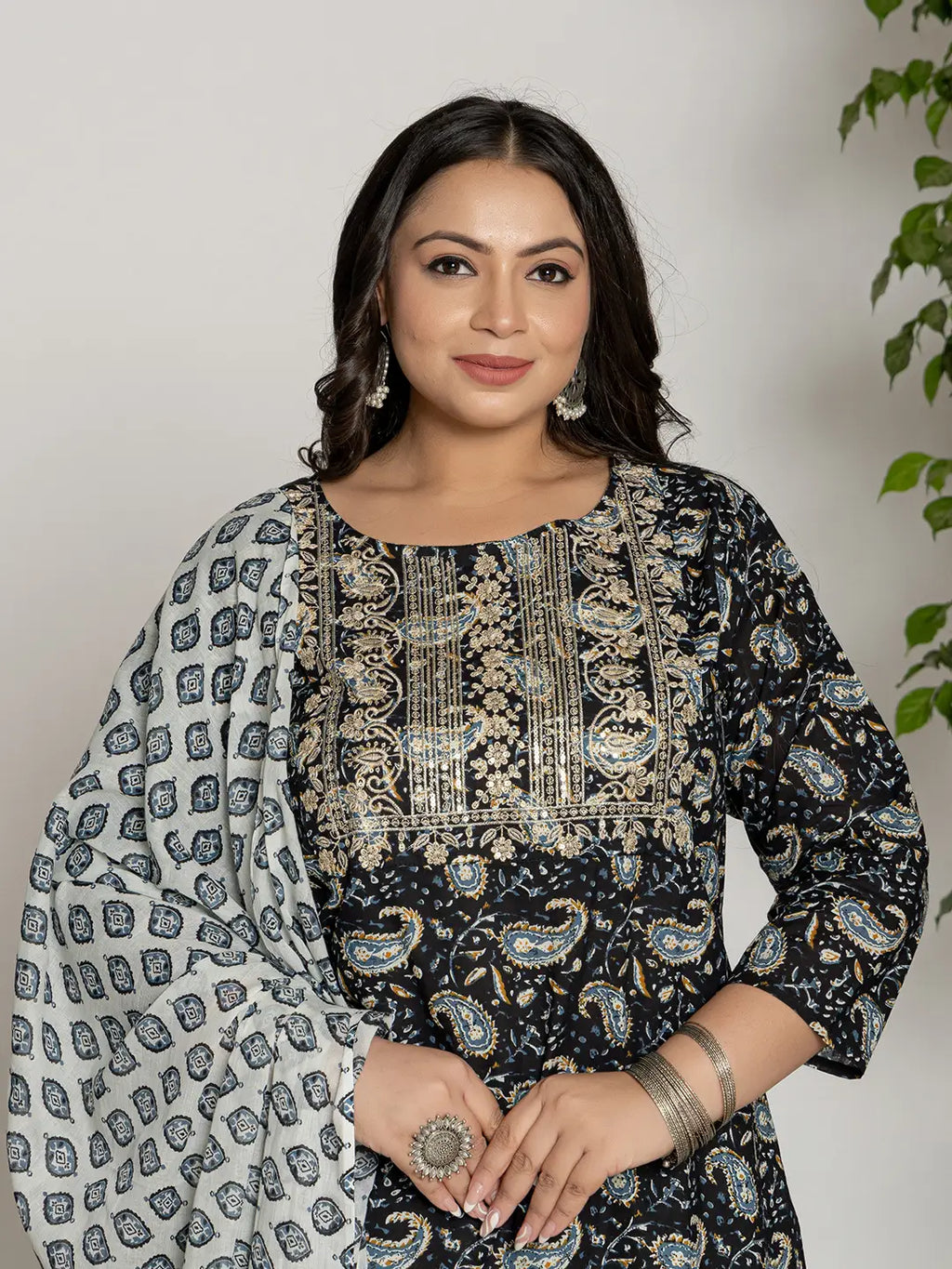 Yufta Cotton Black Printed Plus Size Kurta Dupatta Set