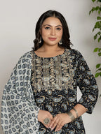 Yufta Cotton Black Printed Plus Size Kurta Dupatta Set