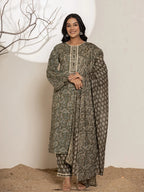 Yufta Military Green Cotton Pakistani Kurta Dupatta Set With Pant