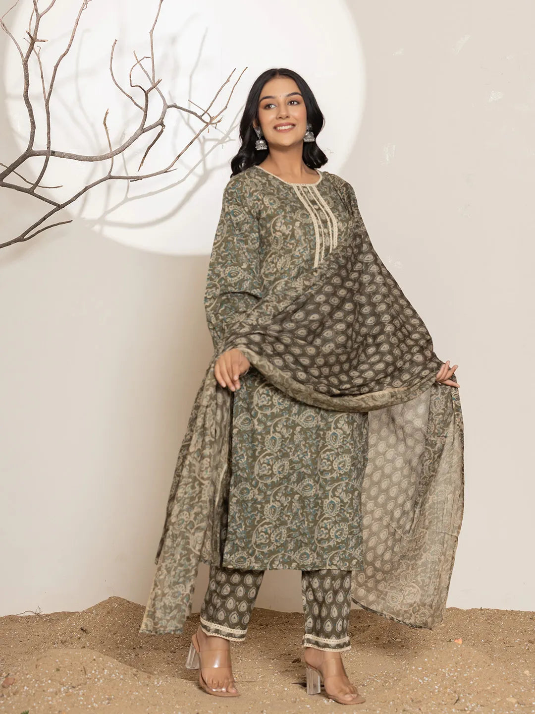 Yufta Military Green Cotton Pakistani Kurta Dupatta Set With Pant
