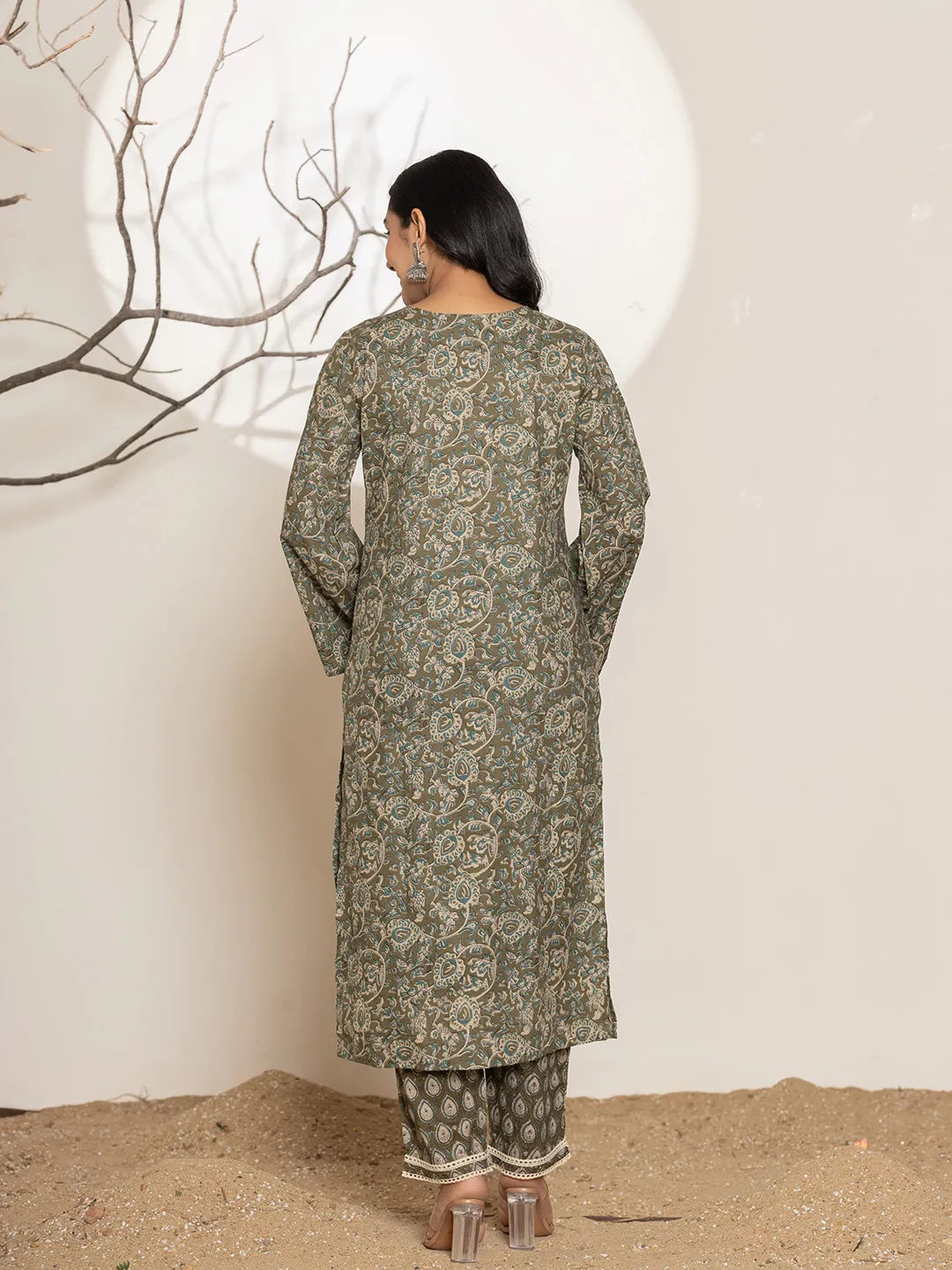 Yufta Military Green Cotton Pakistani Kurta Dupatta Set With Pant