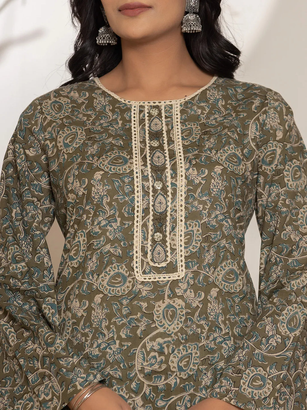 Yufta Military Green Cotton Pakistani Kurta Dupatta Set With Pant