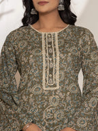 Yufta Military Green Cotton Pakistani Kurta Dupatta Set With Pant
