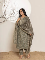 Yufta Military Green Cotton Pakistani Kurta Dupatta Set With Pant